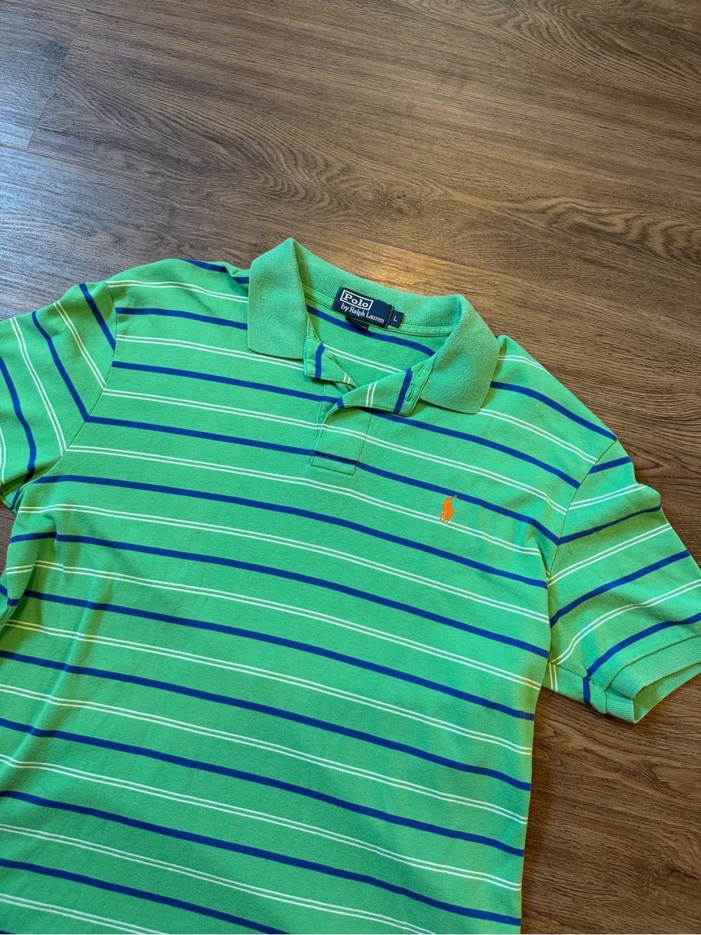 Polo Ralph Lauren Men’s Large Green Blue & White Stripe Shirt 100% Cotton